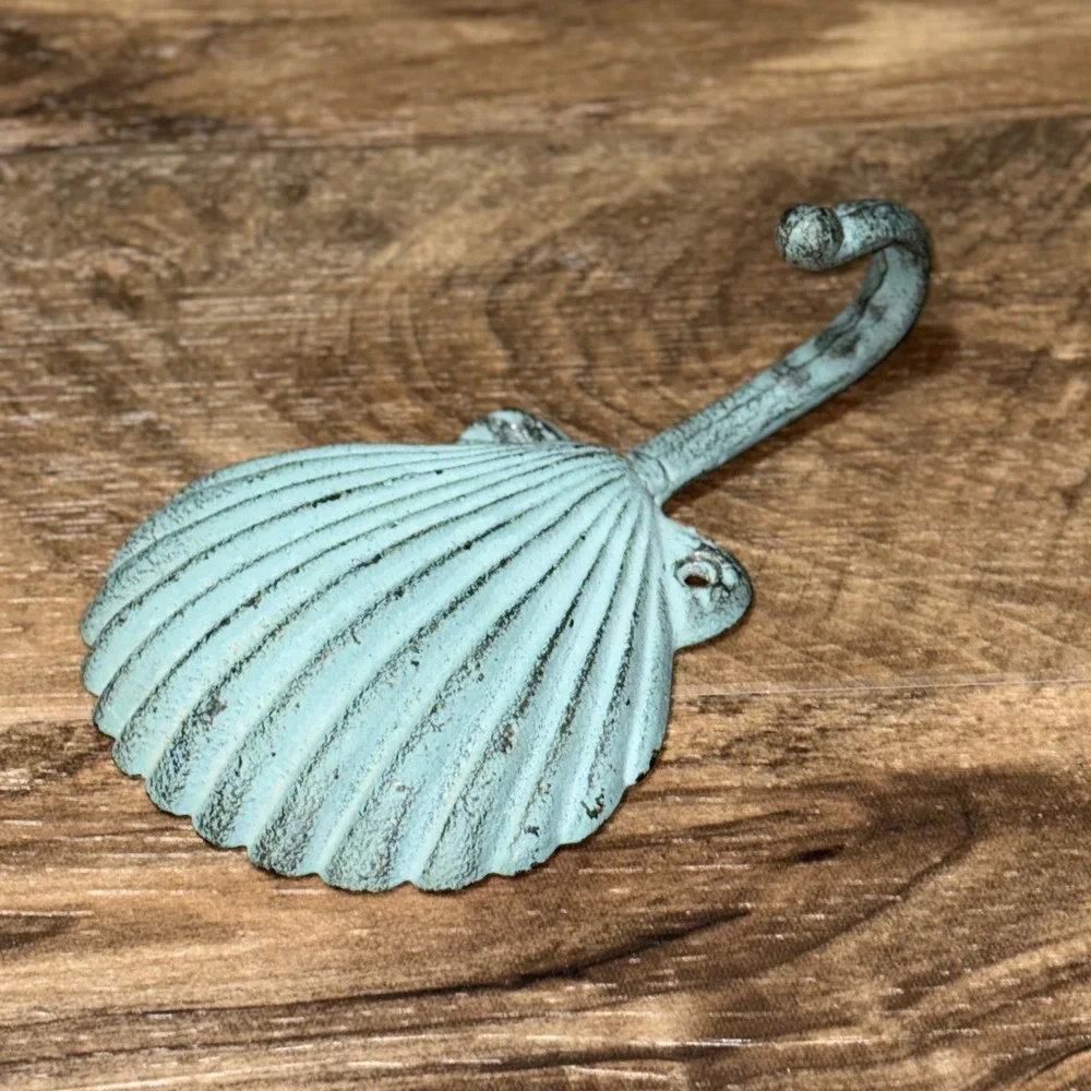 Cast Iron Beach Seashell Wall Hook Distressed Teal Scallop Shell 7x4